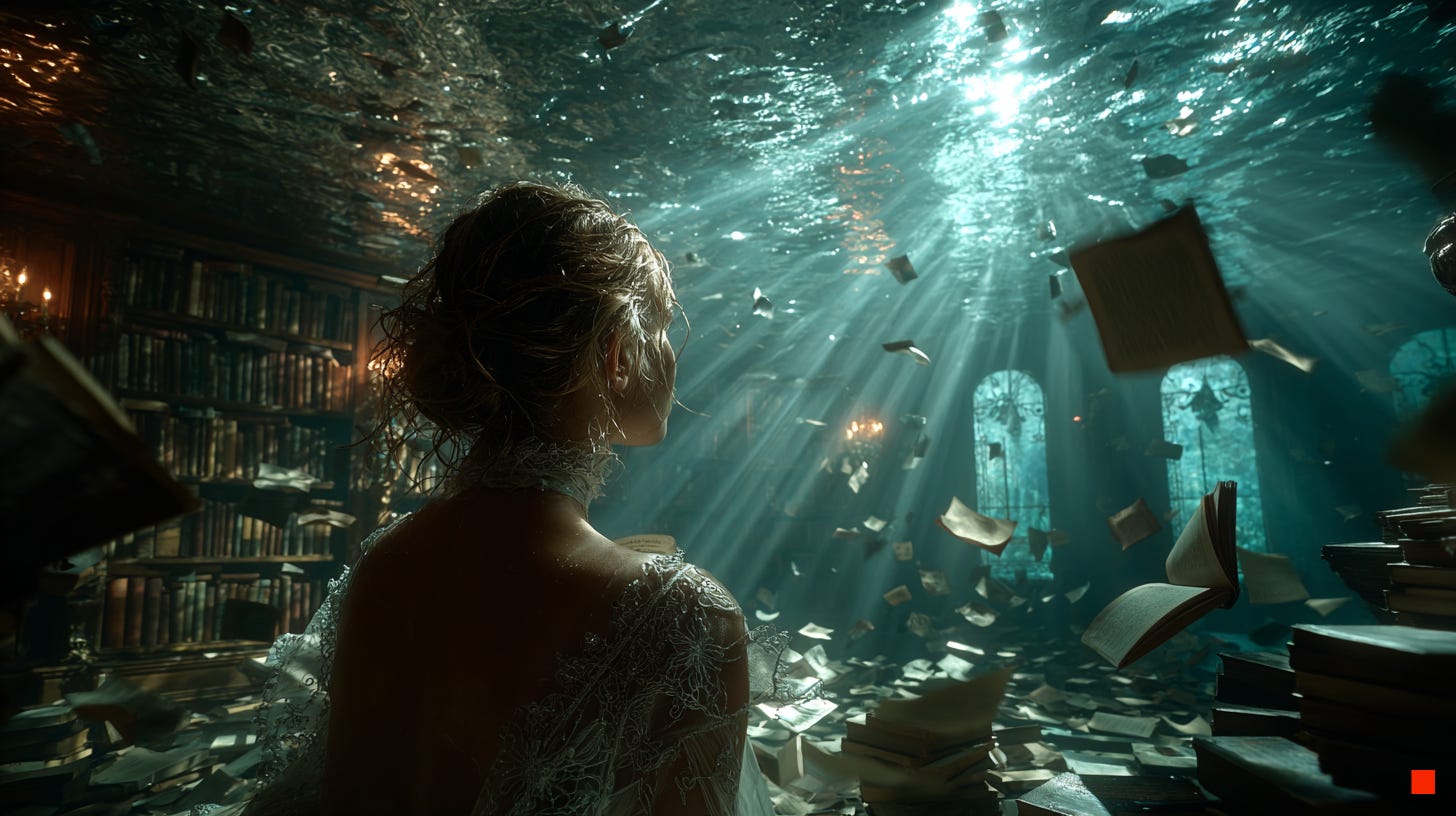 Back view of a woman with shoulder-length blonde hair standing in a completely flooded traditional library filled with turquoise water. Books and papers float suspended throughout the water-filled space. The woman looks upward toward dramatic light rays penetrating down through the water surface. Wooden bookshelves line the walls and arched doorways are visible in the background, all submerged underwater. She wears a flowing white garment. The scene is photographed from behind, showing only her back and side profile as she gazes up through the water toward the light above.