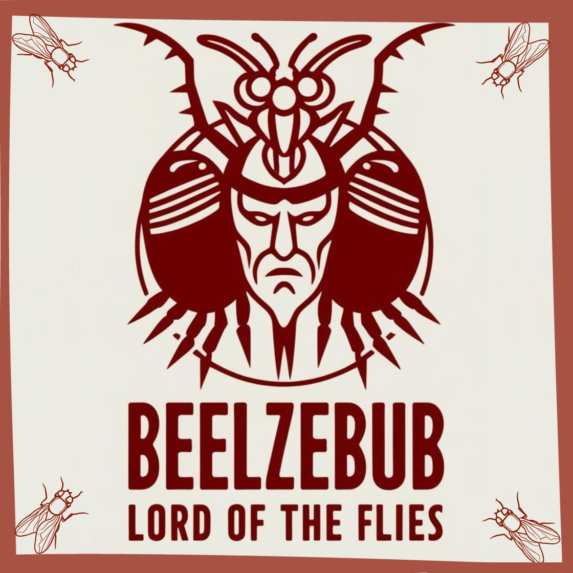 Beelzebub, Lord of the Flies illustration - a blood-red demonic face with insect features and wings, surrounded by four fly illustrations in the corners, representing The Dark Lord's Dispatch newsletter's corruption correspondent.