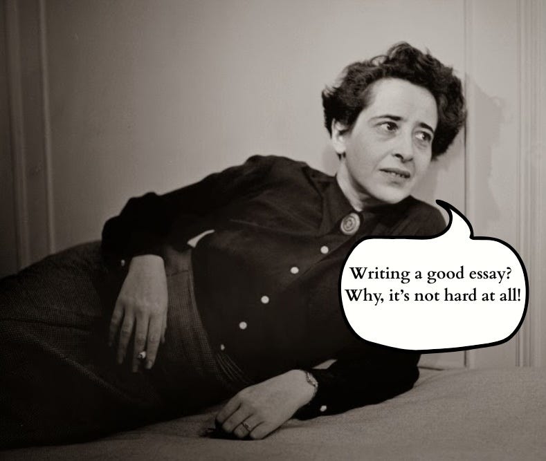 A young, reclining Hannah Arendt with a cartoon speech bubble that reads "Writing a good essay? Why, it's not hard at all!"