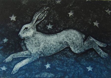This may contain: a drawing of a rabbit running through the night sky