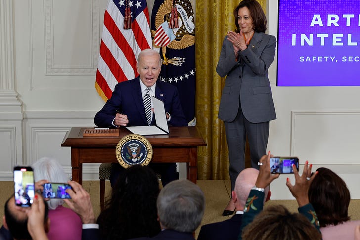 Vice President Kamala Harris looks on as President Joe Biden signs a new executive order guiding his administration's approach to artificial intelligence during an event in the East Room of the White House on Monday. (Chip Somodevilla / Getty Images)
Vice President Kamala Harris looks on as President Joe Biden signs a new executive order guiding his administration's approach to artificial intelligence during an event in the East Room of the White House on Monday. (Chip Somodevilla / Getty Images)