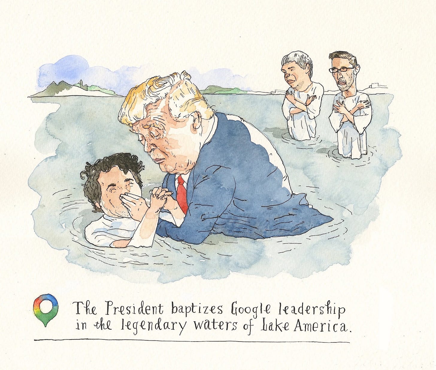 May be a doodle of text that says 'The President baptizes Google leadership in the legendary waters of Lake America.'