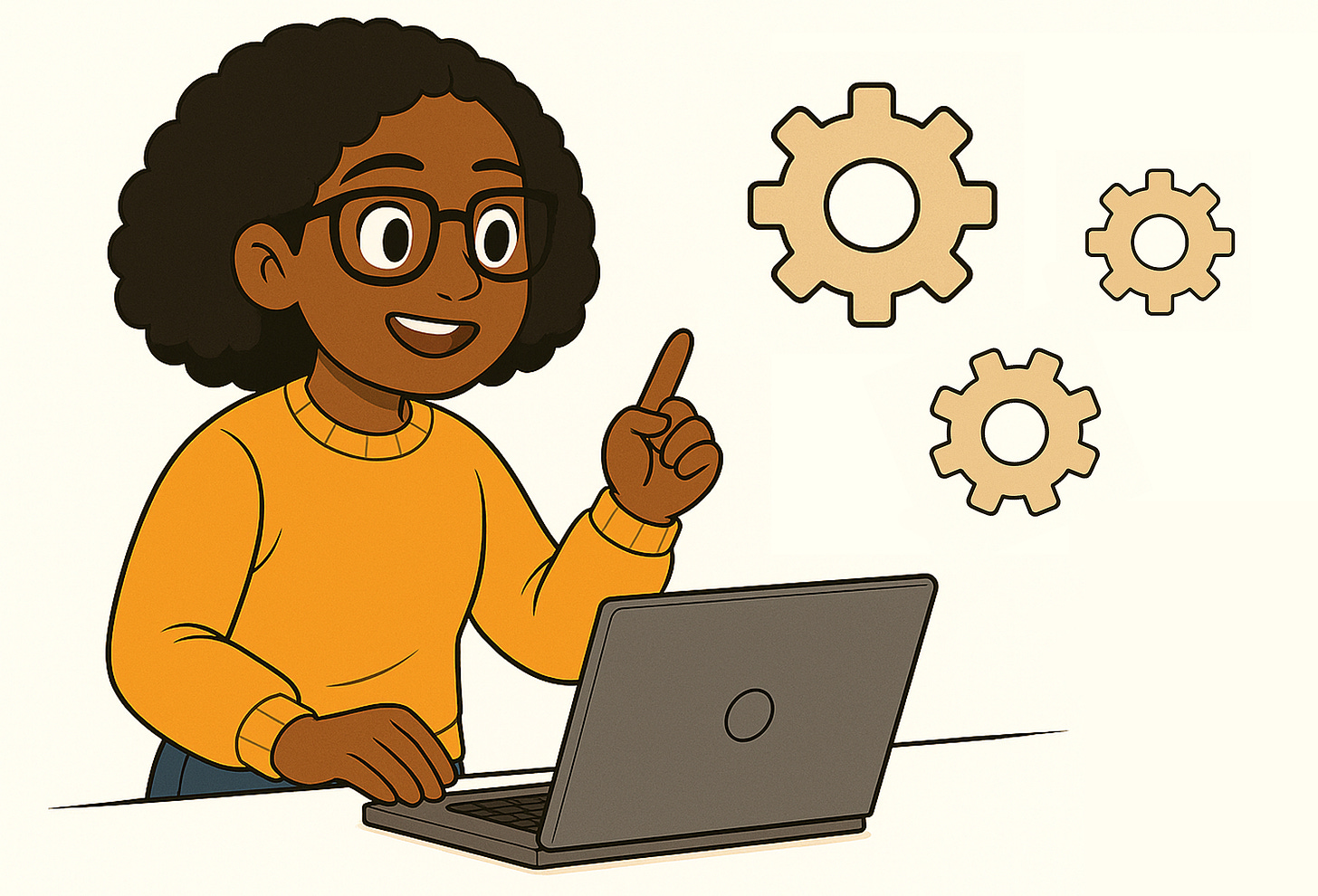 Illustration of person in yellow sweater at laptop pointing to three gear icons