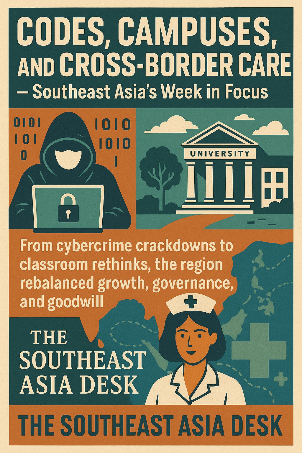 Collage showing Southeast Asia’s digital, education, and governance shifts — from cybercrime raids and startup pivots to regional cooperation in health and higher education — symbolizing resilience and reinvention across the region. Collage showing Southeast Asia’s digital, education, and governance shifts — from cybercrime raids and startup pivots to regional cooperation in health and higher education — symbolizing resilience and reinvention across the region.