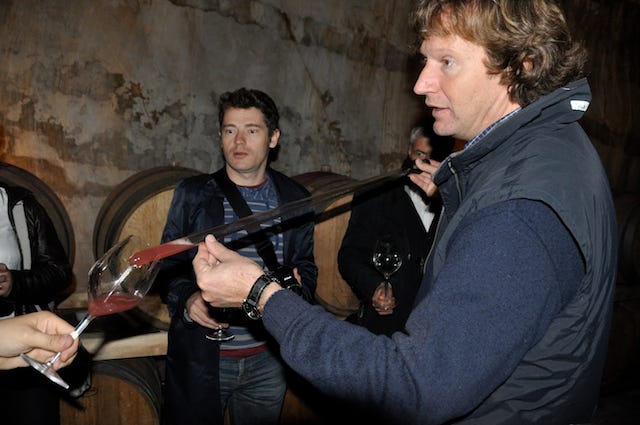 N00b me looks on in wonder as Sandi Skerk thieves a barrel sample of his skin fermented Pinot Grigio. Photo: Jason Kallsen. N00b me looks on in wonder as Sandi Skerk thieves a barrel sample of his skin fermented Pinot Grigio. Photo: Jason Kallsen.