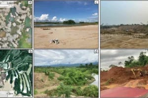a Drone image of a suction mining site, showing ponds and tailings piles (Photo: A. J. West). b Aerial view of the Cinco Rebeldes site, with tailings piles on the left and ponds on the right (Image: Google Maps). c Suction mining site LP-6, deforested around 2016. d Excavation mining site at Cinco Rebeldes, photographed from the top of a tailings pile; mined in 2018 (Photo: A. Atwood). e Example of active suction mining in Balata (Photo: A. J. West, Sept. 2024). f Example of excavation mining with topsoil preservation at Cinco Rebeldes (Photo: A. Atwood).