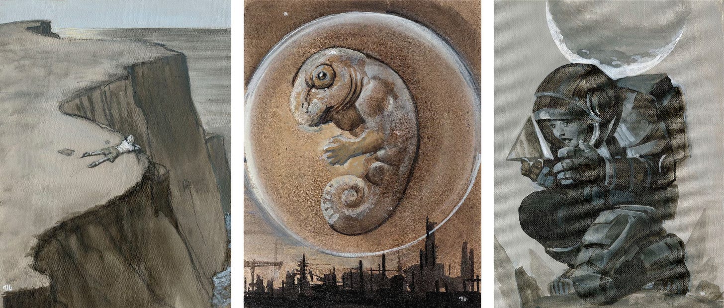 Three portrait oriented paintings. LEFT: The top of a butte from an angled bird’s eye view. A boy in shorts and contrasting white shirt lays face down at the edge of the cliff, staring at the valley below the is mostly off panel. CENTER: Inside a bubble, the embryo of something alien and lizard-like with curling tale floats above a horizon with industrial rigs rising in dark silhouette. RIGHT: A woman in chunky space suit with large pack stares in wonder at a glass pyramid resting at the tips of her gloved fingers. Her pose is constricted with her crouched down on one knee. A huge moon looms in the sky over her as she occupies most of the panel.
