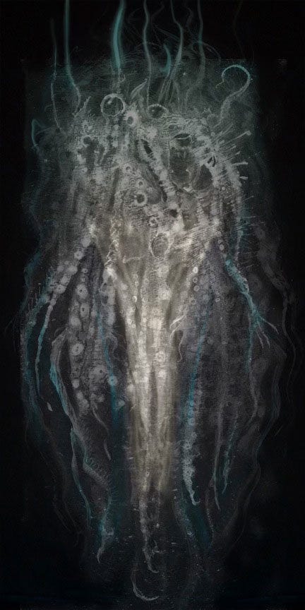 A tentacled creature rendered white, blue, and gray against a black background. Its eyes are uneven bubbles and its mouth is pursed in an O-shape. A tentacled creature rendered white, blue, and gray against a black background. Its eyes are uneven bubbles and its mouth is pursed in an O-shape.