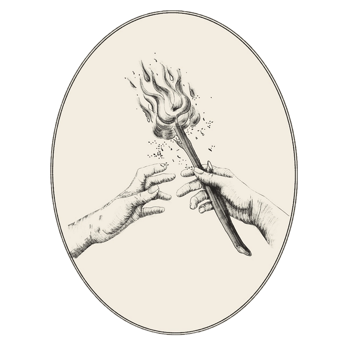 Logo 1 (Gold Oval Background, Minimal Smoke): Two hands exchange a flaming torch inside a warm golden oval. The ribbon below reads "Torch & Tinder" in serif text. Sparks scatter between the hands, symbolizing shared fire. The background is a solid tan.  Logo 2 (Etched Sky Background, Full Details): An engraved-style logo with a cloudy sky background. The torch burns with fine detail, and sparks fly between the hands. The ribbon below the hands bears the words "Torch & Tinder." Oval border retained.  Logo 3 (Transparent Background Version of #2): Same etched design as Logo 2 but with no background—ideal for digital overlays. Torch, hands, and banner remain highly detailed and float within an empty frame.  Logo 4 (Radiant Flame Background): A variant with vertical etched lines in the backdrop, giving the impression of radiant heat or movement behind the flame. The ribbon and lettering are unchanged.  Logo 5 (Minimalist Emblem, Clean Oval): A stripped-down design with no banner or background. Just the two hands and torch in clean black linework inside a simple oval. Elegant and modern.