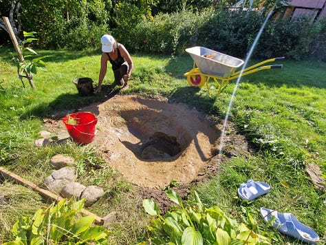 Stages of pond digging and filling with water