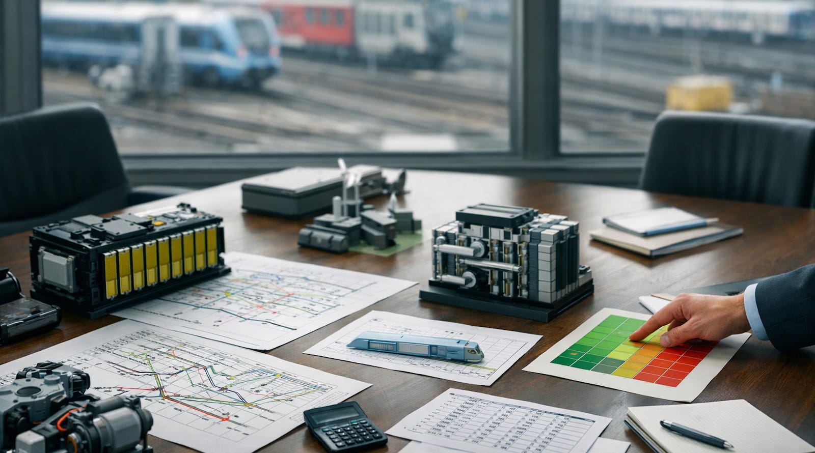 Boardroom table with rail diagrams, cost models, battery packs, and fuel-cell schematics representing hydrogen rail strategy.