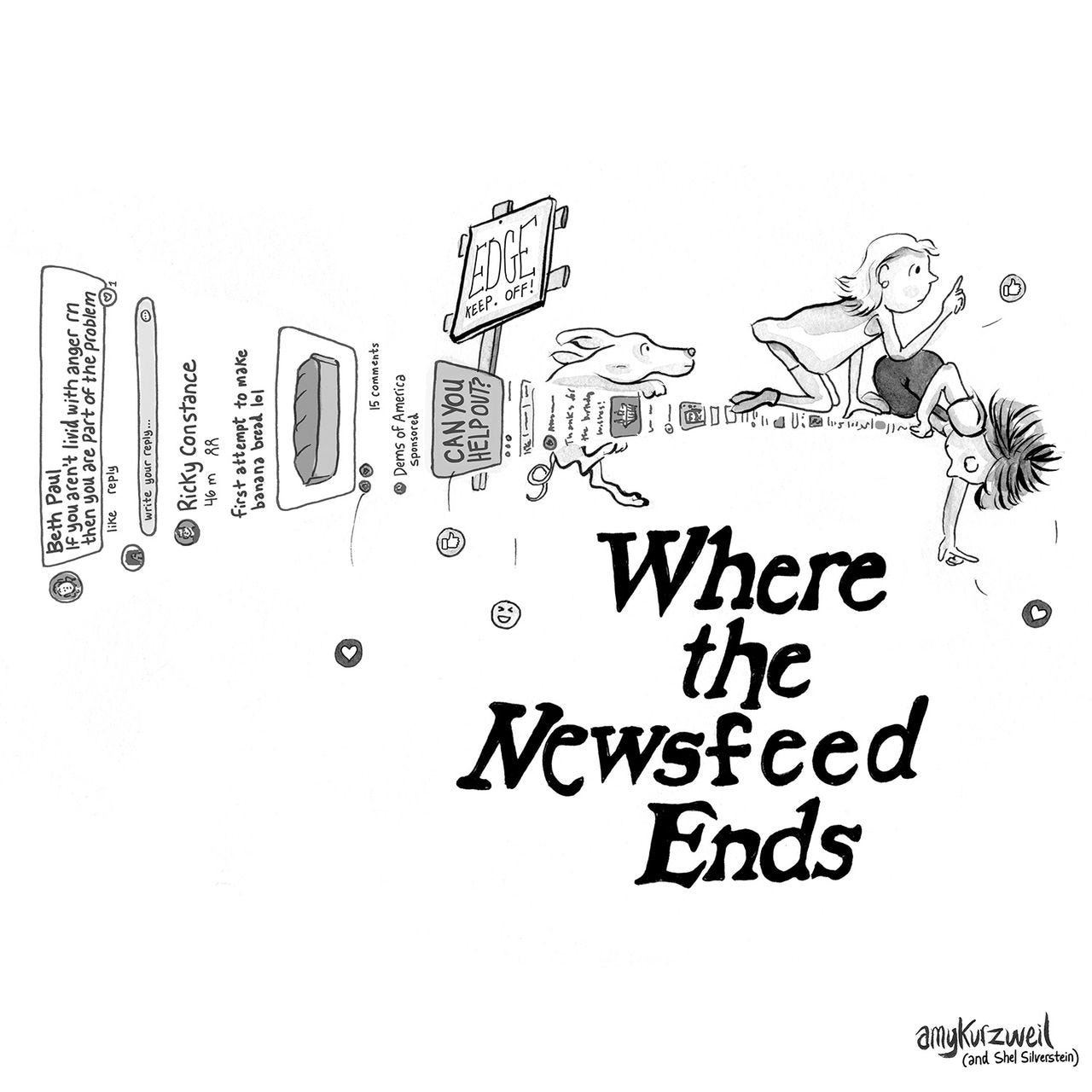 An homage to the cover of Shel Silversteins “Where the Sidewalk Ends” Two children and a dog peek over the side of a...