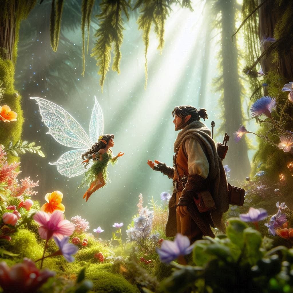 flying fairy, talking to tall adventurer, forest, D&D fantasy art flying fairy, talking to tall adventurer, forest, D&D fantasy art