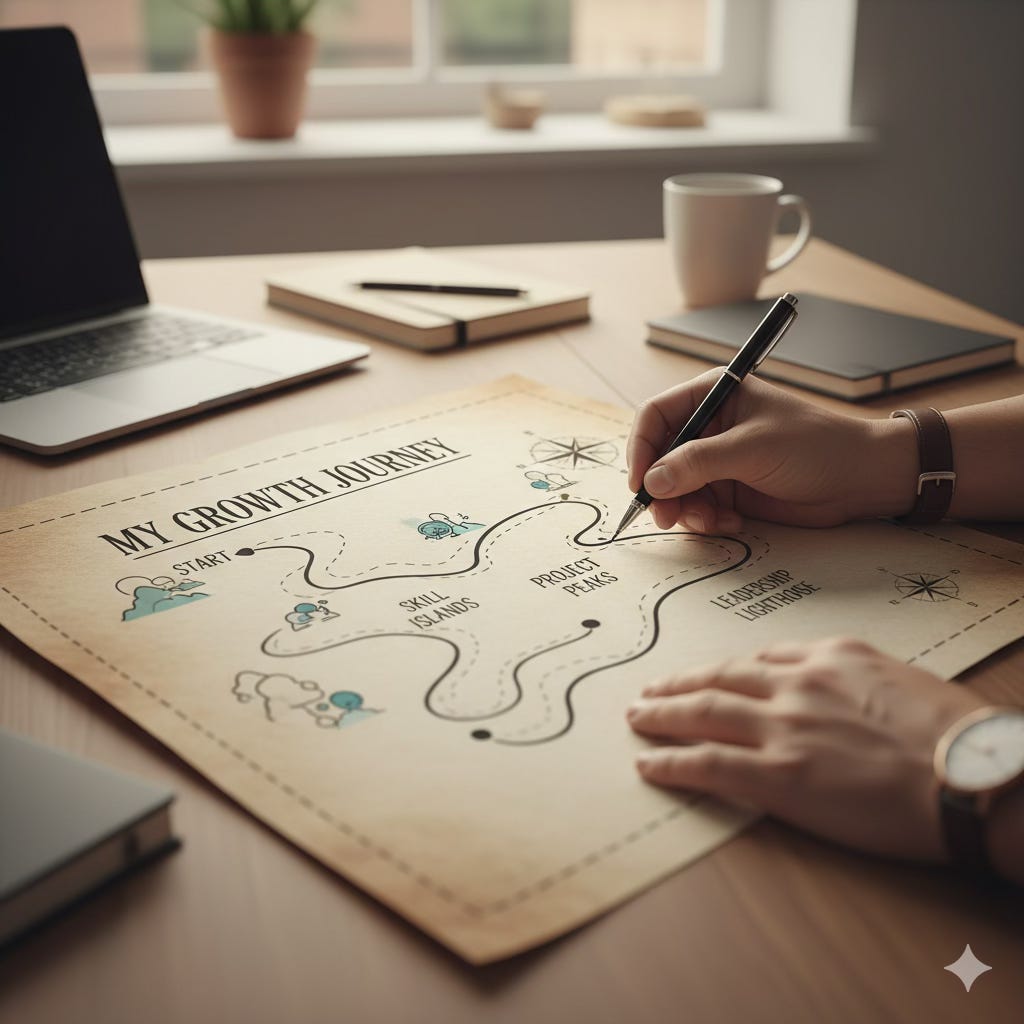 A close-up, horizontal view of a person's hands at a desk, drawing a winding path labeled "MY GROWTH JOURNEY" on a vintage-style map. The map has icons representing "START," "SKILL ISLANDS," "PROJECT PEAKS," and "LEADERSHIP LIGHTHOUSE." A laptop, notebooks, and a coffee cup are visible in the blurred background. A close-up, horizontal view of a person's hands at a desk, drawing a winding path labeled "MY GROWTH JOURNEY" on a vintage-style map. The map has icons representing "START," "SKILL ISLANDS," "PROJECT PEAKS," and "LEADERSHIP LIGHTHOUSE." A laptop, notebooks, and a coffee cup are visible in the blurred background.