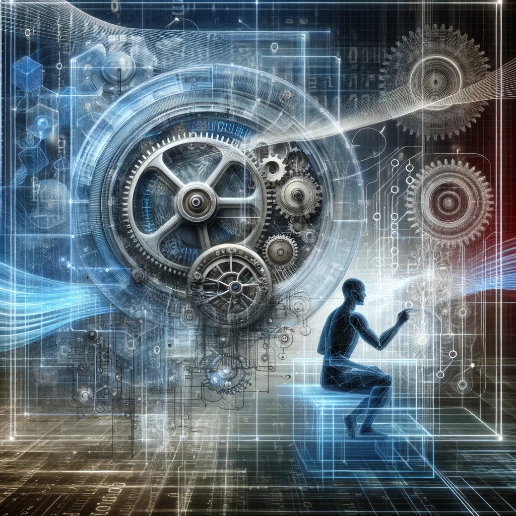 A conceptual image representing the theme of interpretability in technology. The picture features a transparent machine with visible gears and circuits, symbolizing the clarity and understanding of its functioning. A human figure, representing a diverse background, is interacting with the machine, adjusting and examining its components. The background is a digital landscape, with flowing streams of binary code and intuitive infographics that provide insights into the data processes. The overall impression is one of transparency and accessibility in the complex world of technology.
