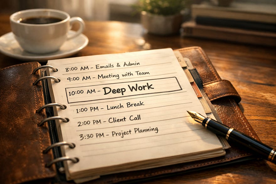 A close-up, photorealistic shot of a weathered leather planner lying open on a wooden desk. The page shows a handwritten schedule with distinct blocks of time. One large block is labelled ‘Deep Work’ in bold ink. Soft, warm morning sunlight streams across the desk, illuminating a cup of coffee and a fountain pen. The background is slightly blurred, showing a calm, tidy home office. The atmosphere is serene and focused.