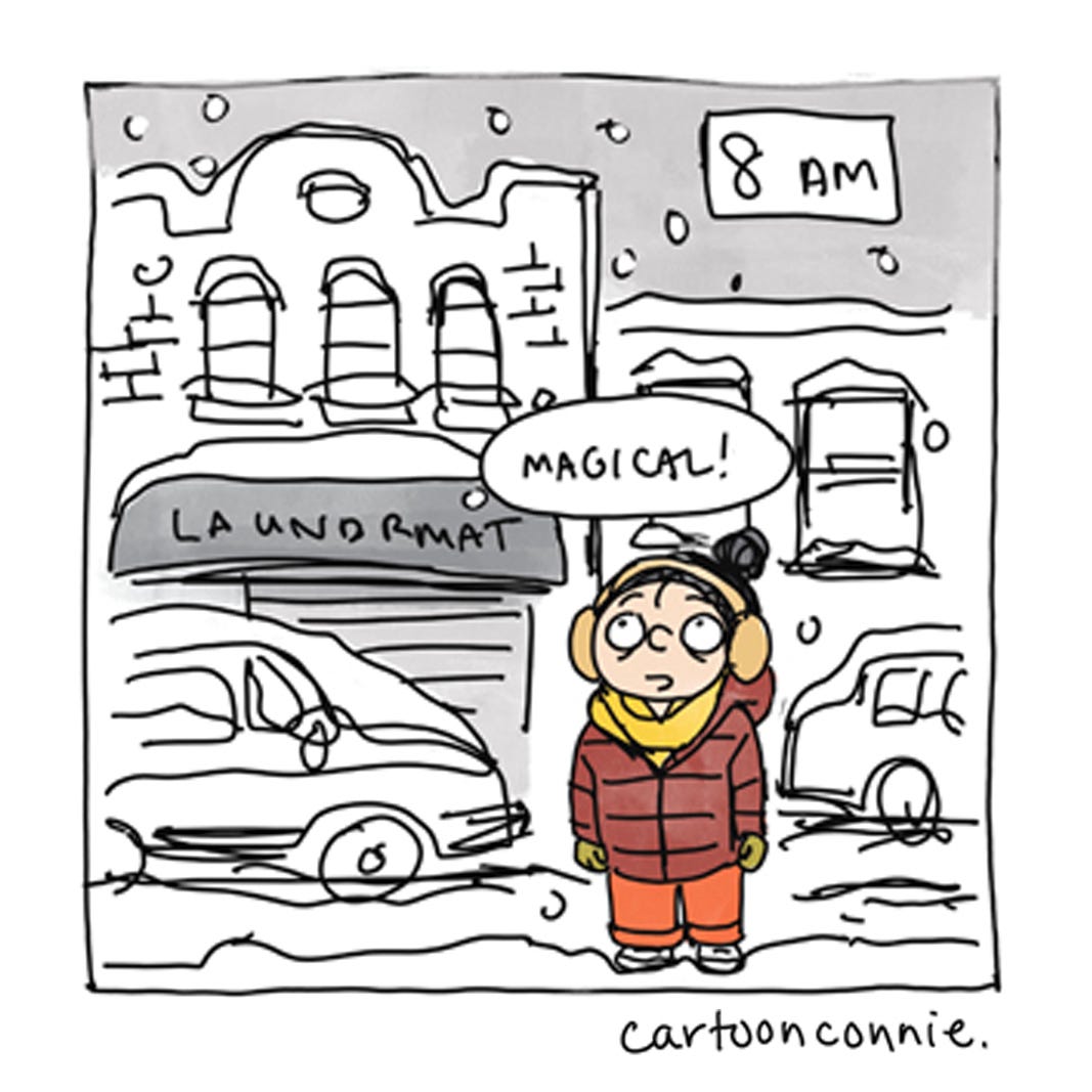 Panel 1 of a 6-panel diary comic about seeing New Yorkers help each other in a snowstorm. Titled "Diary of a Snow Day," original art by Connie Sun, cartoonconnie, 2026.