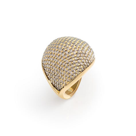 A ring by Castro Smith, a bracelet by Joanne Thompson, inside Goldsmiths' Hall, a brooch by Ella Fearon-Low, rings by Disa Alsopp, the gold Bombé woven ring by Megan Brown. They will all be exhibiting at the 42nd Goldsmiths' Fair.
