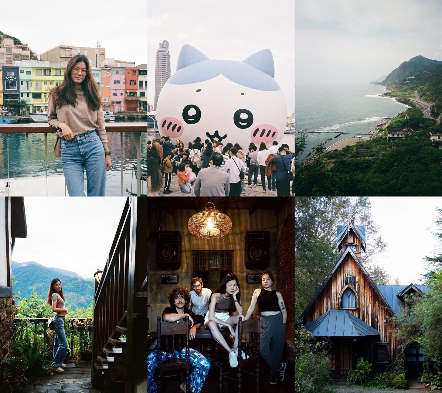 top left: me in front of a colorful row of houses on the waterfront; top middle: a huge balloon cat on a river; top right: a view of a mountain by the sea; bottom left: me in front of a balcony, behind which is a Mountain View; bottom middle: four people sitting on an old table with a wicker basket lamp overhead, posing and trying to look cool; bottom right: a turreted cottage in the woods