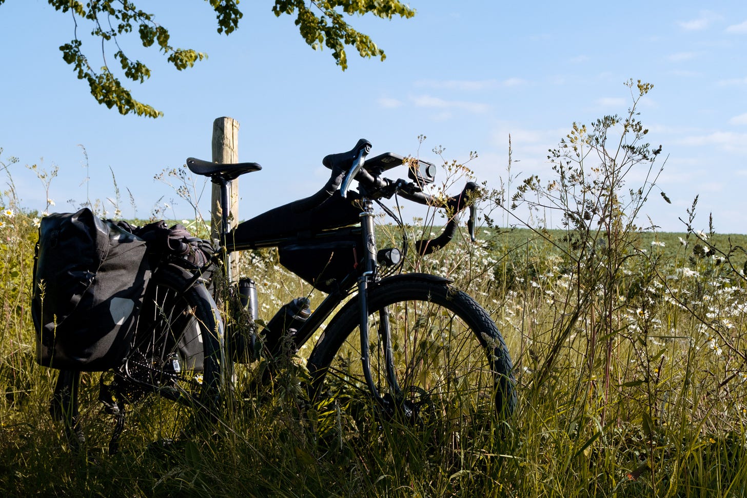 A touring bicycle leans gently against a wooden fence post, surrounded by tall wildflowers and summer grasses under a wide blue sky. The light is warm and still, evoking the quiet pace of a long summer day on the road.
