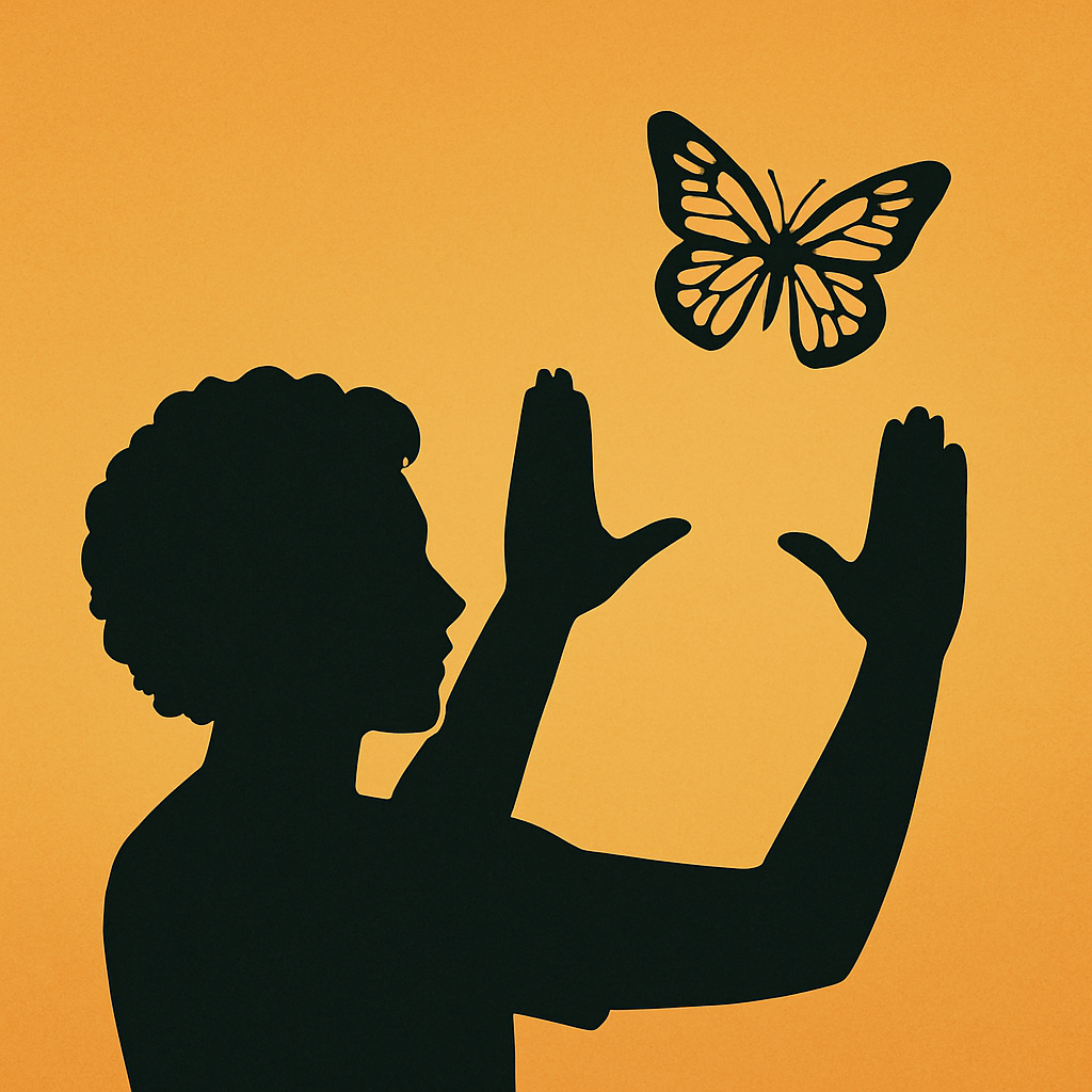 silhouette of person framing hands as they look up at butterfly silhouette of person framing hands as they look up at butterfly