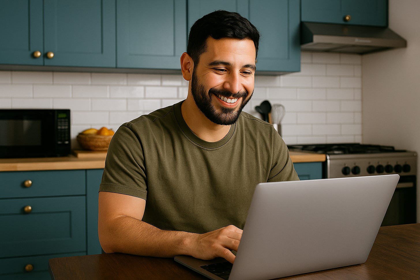 A bearded man with short dark hair sits in his apartment kitchen, smiling at his laptop. Teal cabinets and a white tile backsplash are behind him.