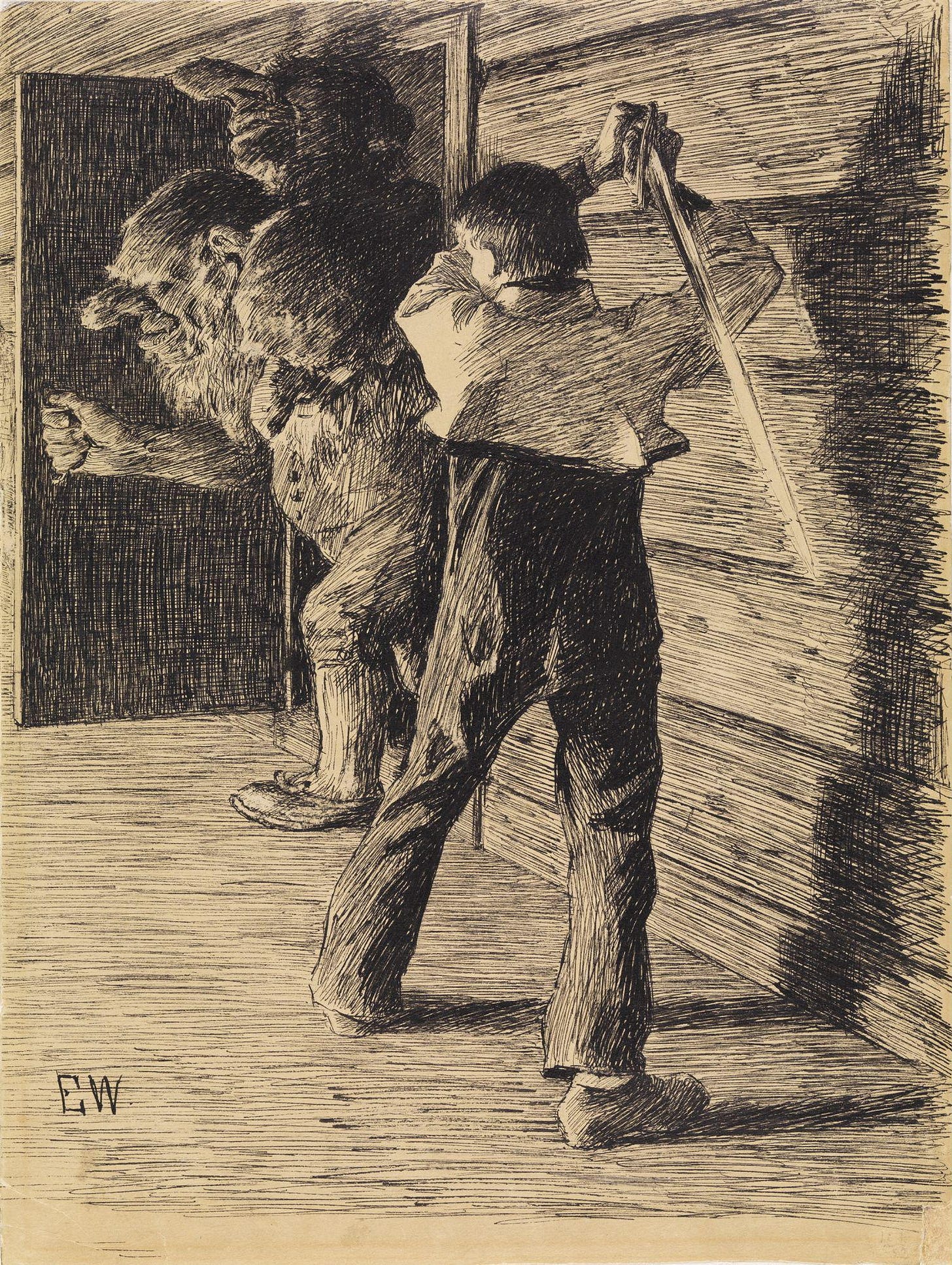 Pen drawing of a bearded troll with a huge nose coming through a door, a second troll behind him, while a boy raises a sword at his back.