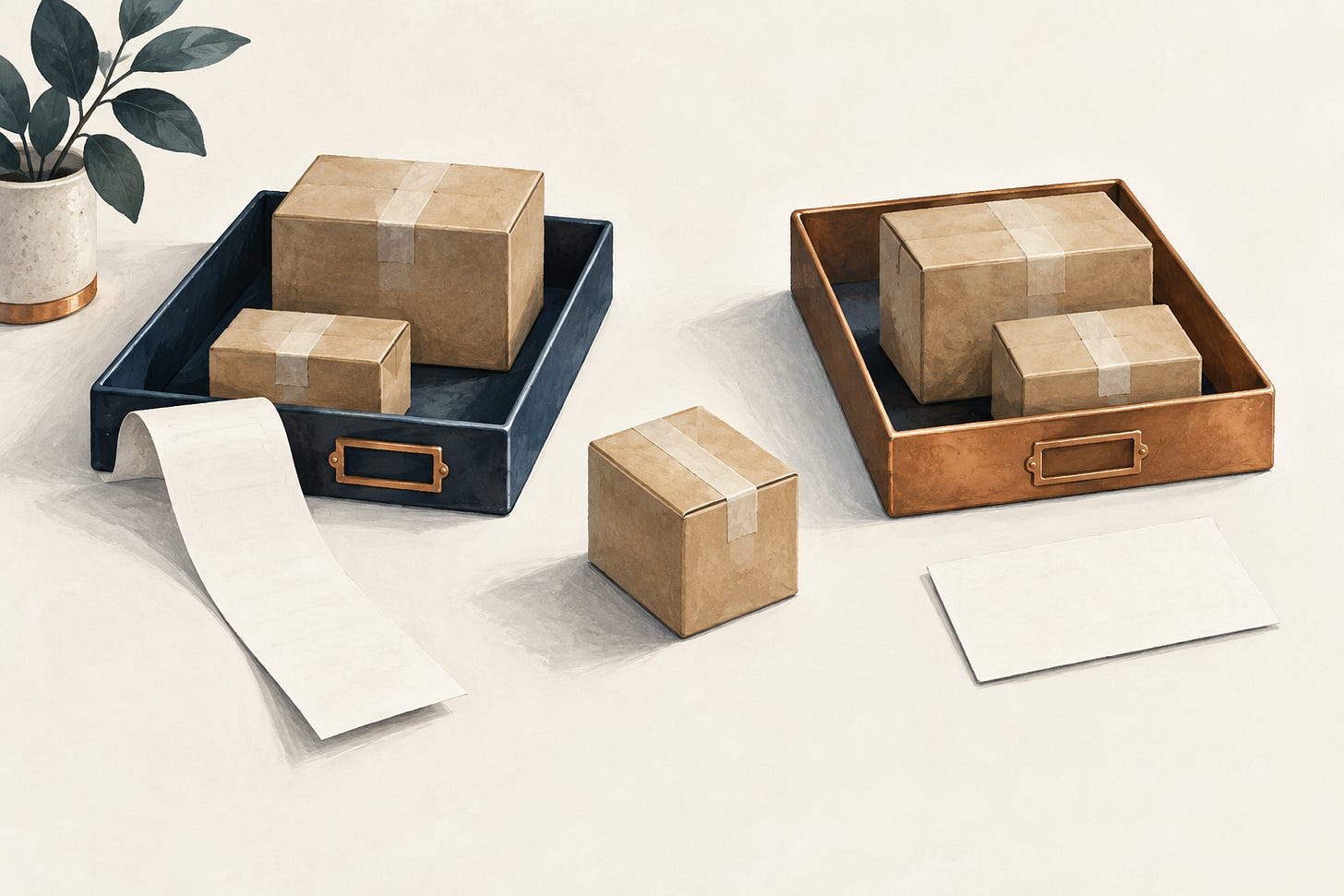 Illustration of small inventory boxes in two sorting trays, with a blank receipt and a separate voucher. Illustration of small inventory boxes in two sorting trays, with a blank receipt and a separate voucher.