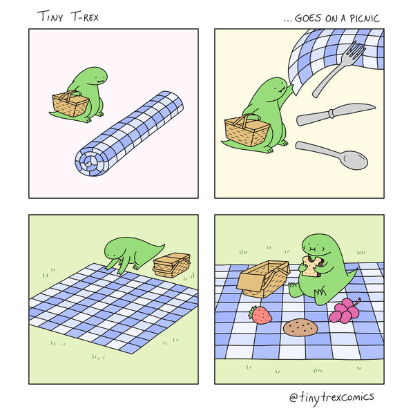 Tiny T-Rex holds a picnic basket and stands in front of a giant picnic blanket. Tiny T-Rex unfurls the blanket, sending cutlery flying. Tiny T-Rex smooths out the blanket on the grass. Tiny T-Rex sits on the blanket and eats a sandwich next to a strawberry, cookie and grapes.