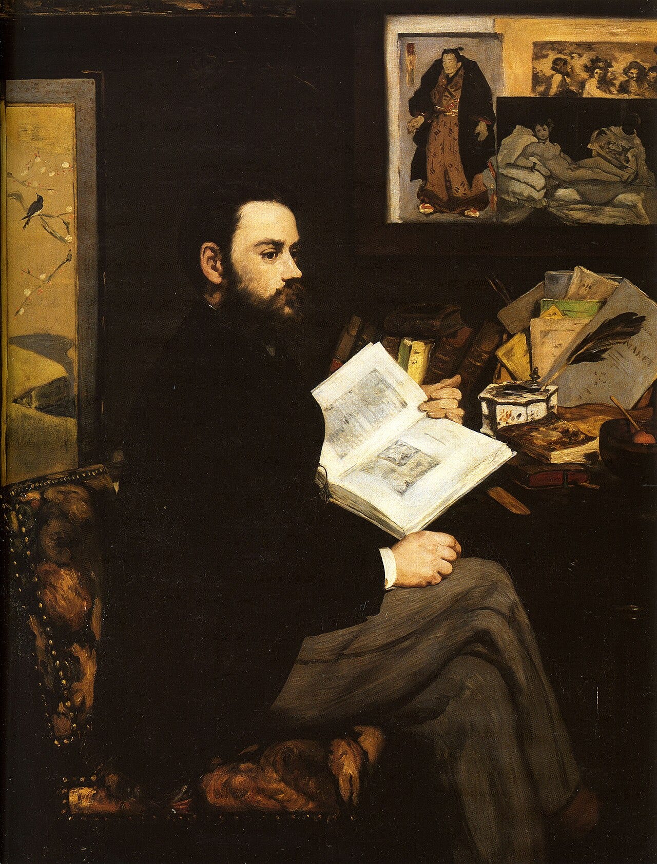 Manet, Portrait of Emile Zola, with a Japanese screen and a print behind Manet, Portrait of Emile Zola, with a Japanese screen and a print behind