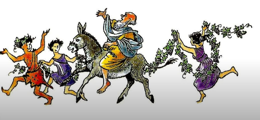 Photo of a colored illustration from PRINCE CASPIAN by CS Lewis. Here, Bacchus leads his Maenads along with his tutor, Silenus, who rides a donkey. They're all carrying a garland vine. This illustration by Pauline Baynes appears in Chapter 11.