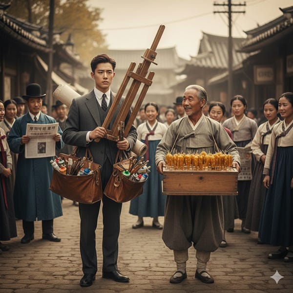 화가와 엿장수. AI (Gemini)로 생성된 이미지.