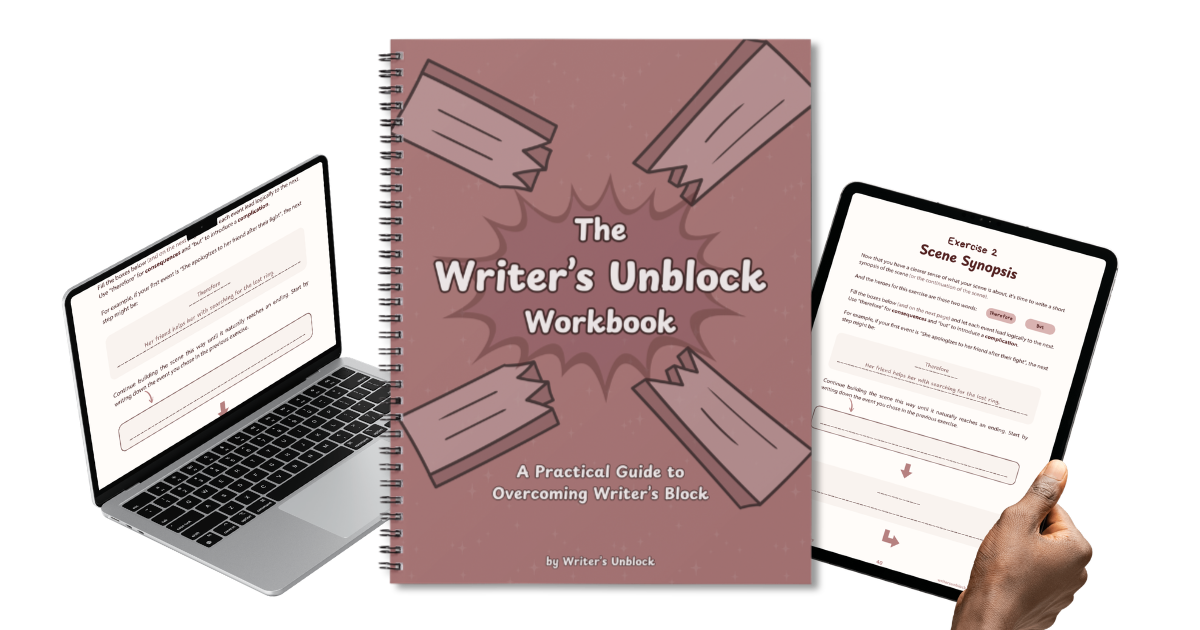 Front cover of the Writer's Unblock Workbook with an insert showing on a laptop screen and a tablet.