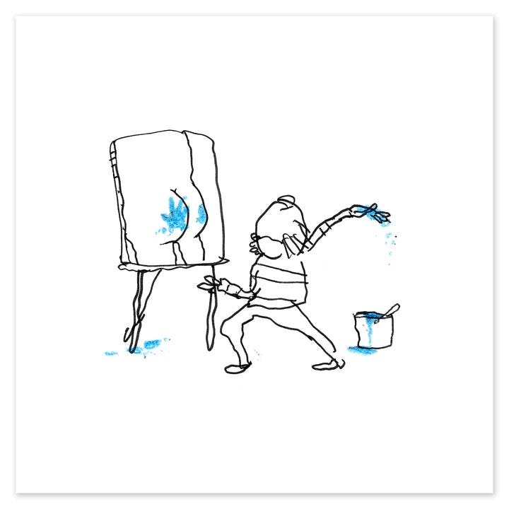 The Artist (2019), copyright The Art of Pants - line art drawing of a balding artist standing in front of a canvas; the canvas features a naked butt with a spattered blue handprint, and the artist's arm is cocked back, ready to swing forward, dripping with blue paint