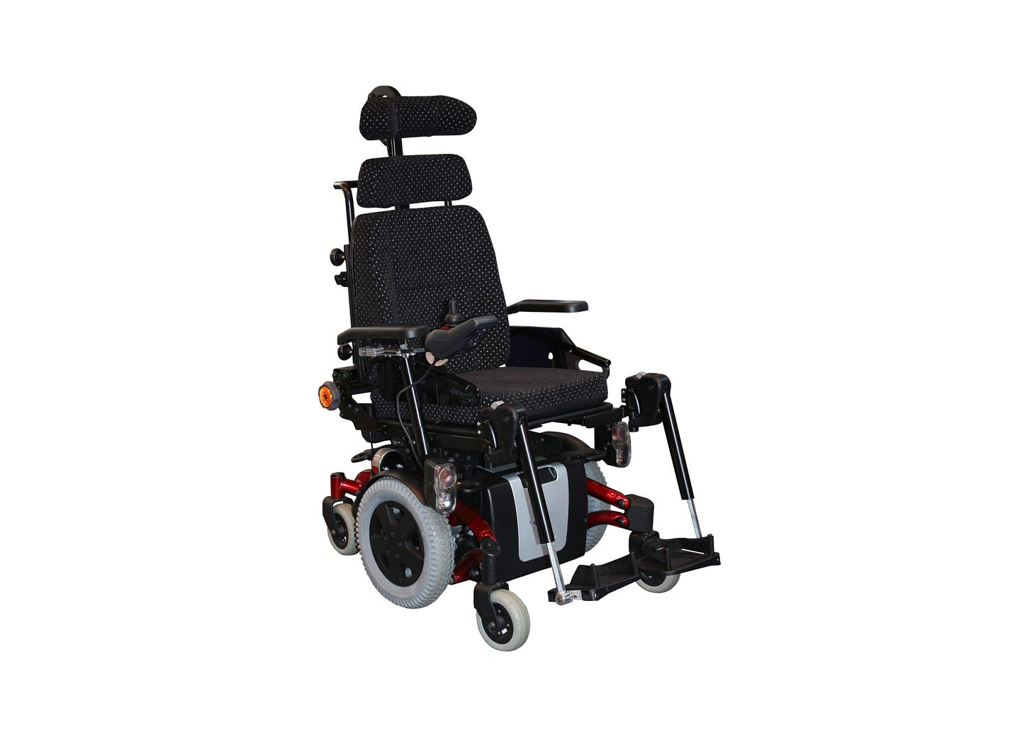 Image of a power chair with its signature joystick on a white background