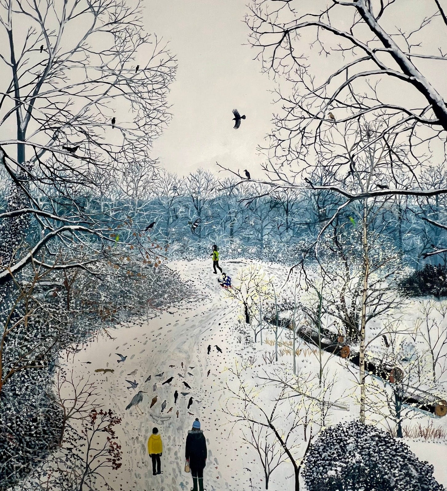 Oil on canvas painting of a snowy winter scene in a park with people walking and birds flying by British artist Emma Haworth represented by Rebecca Hossack Art Gallery. Oil on canvas painting of a snowy winter scene in a park with people walking and birds flying by British artist Emma Haworth represented by Rebecca Hossack Art Gallery.