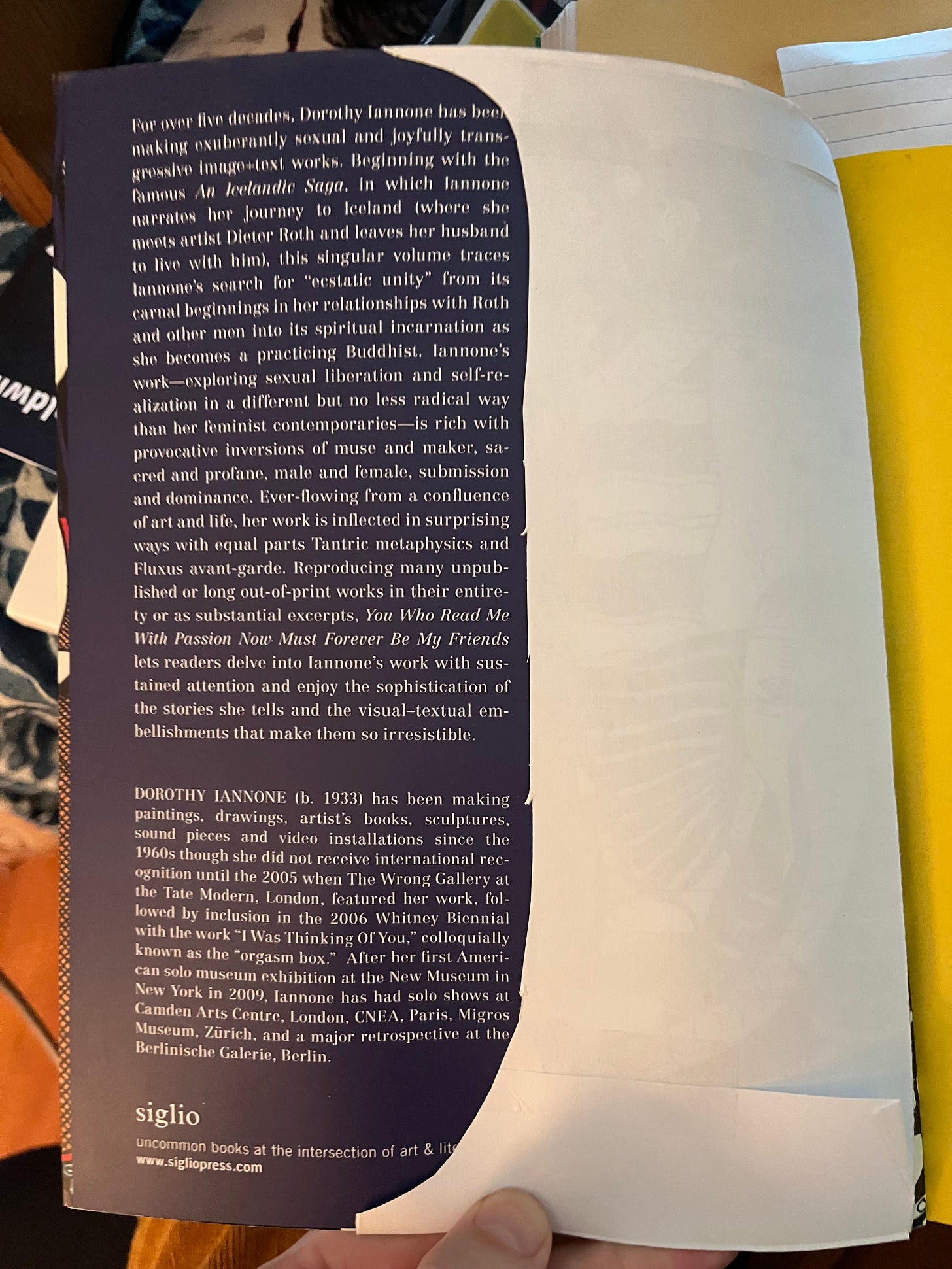 A photo of the inside flap of You who read me with passion must forever by my friends by Dorothy Iannone. It contains a description of the book and the bookstrap marking this as an interlibrary loan has been trimmed to allow the jacket copy to be read.