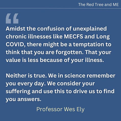 Amidst the confusion of unexplained chronic illnesses like MECFS and Long COVID, there might be a temptation to think that you are forgotten. That your value is less because of your illness. Neither is true. We in science remember you every day. We consider your suffering and use this to drive us to find you answers. You are a priceless human being, and no amount of disease or disability from your illness has or ever will diminish your value. Always remember please that you are enough, and that I and our team of clinicians and researchers care about your recovery and well-being. All love, Wes