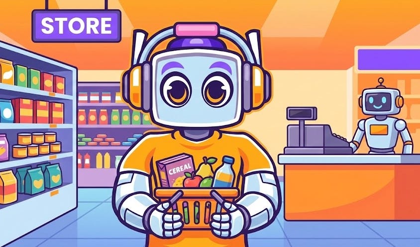 Cartoon NeuralBuddy robot holding a shopping basket full of groceries in a supermarket aisle near a checkout counter.