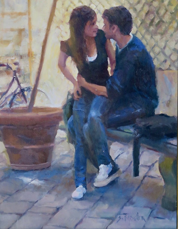 A painting of a person and person sitting on a bench

Description automatically generated