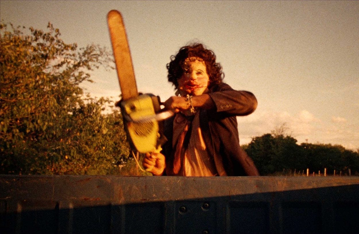 Leatherface brandishes his chainsaw in "The Texas Chain Saw Massacre" (1974)