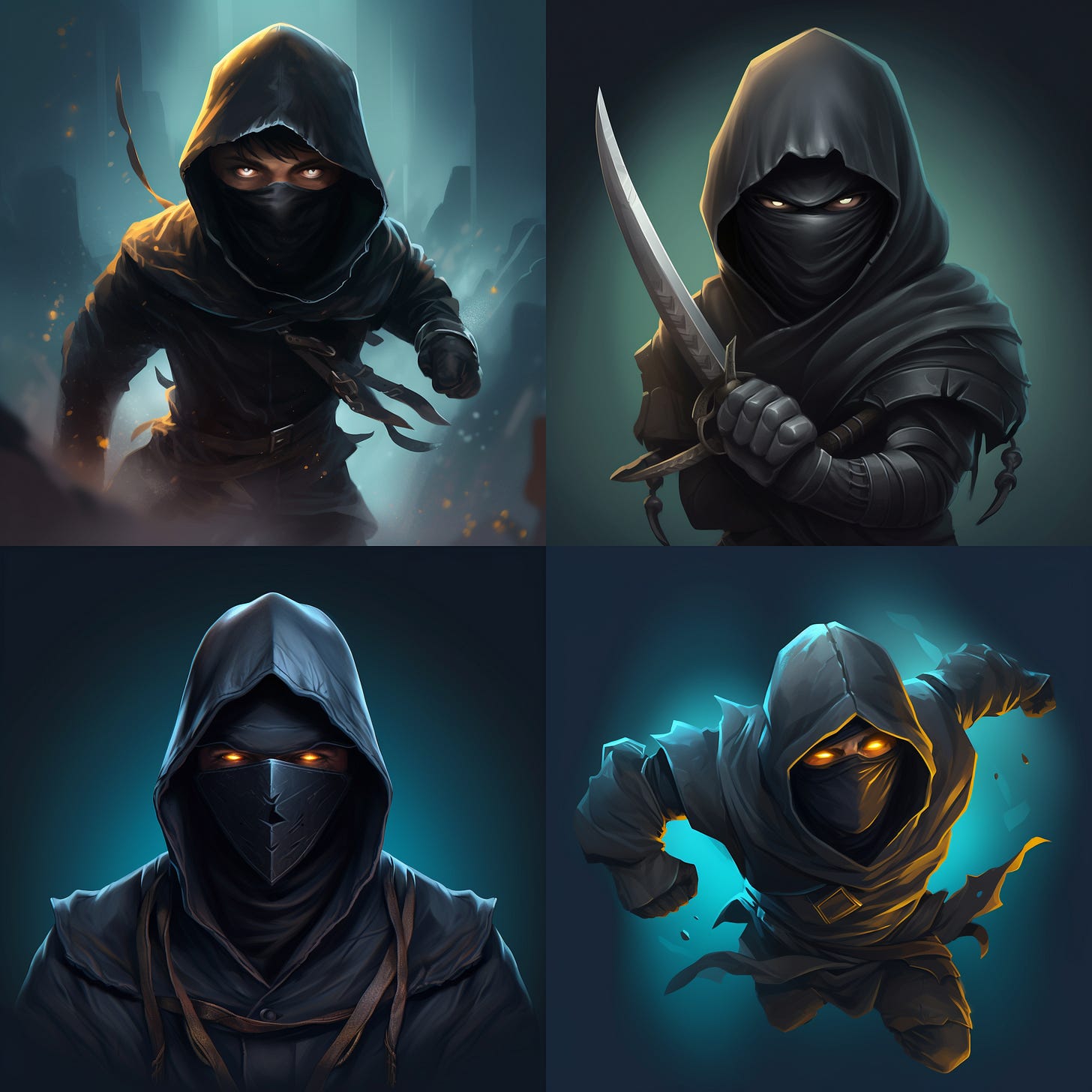 Four-image grid of ninja illustrations without influences of Japanese art