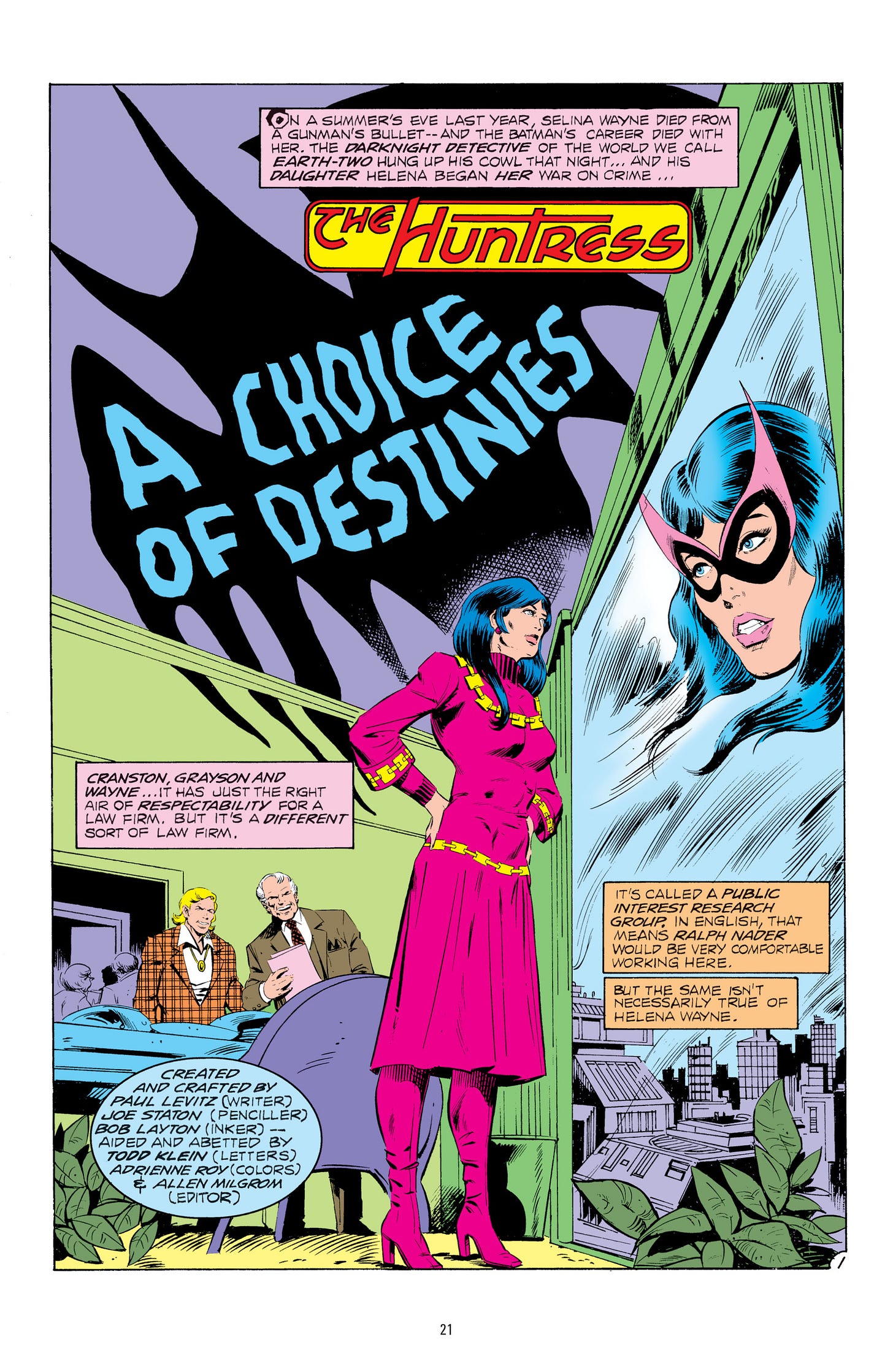 Helena Wayne thinks about her life as the Huntress and as a lawyer at Cranston, Grayson and Wayne.