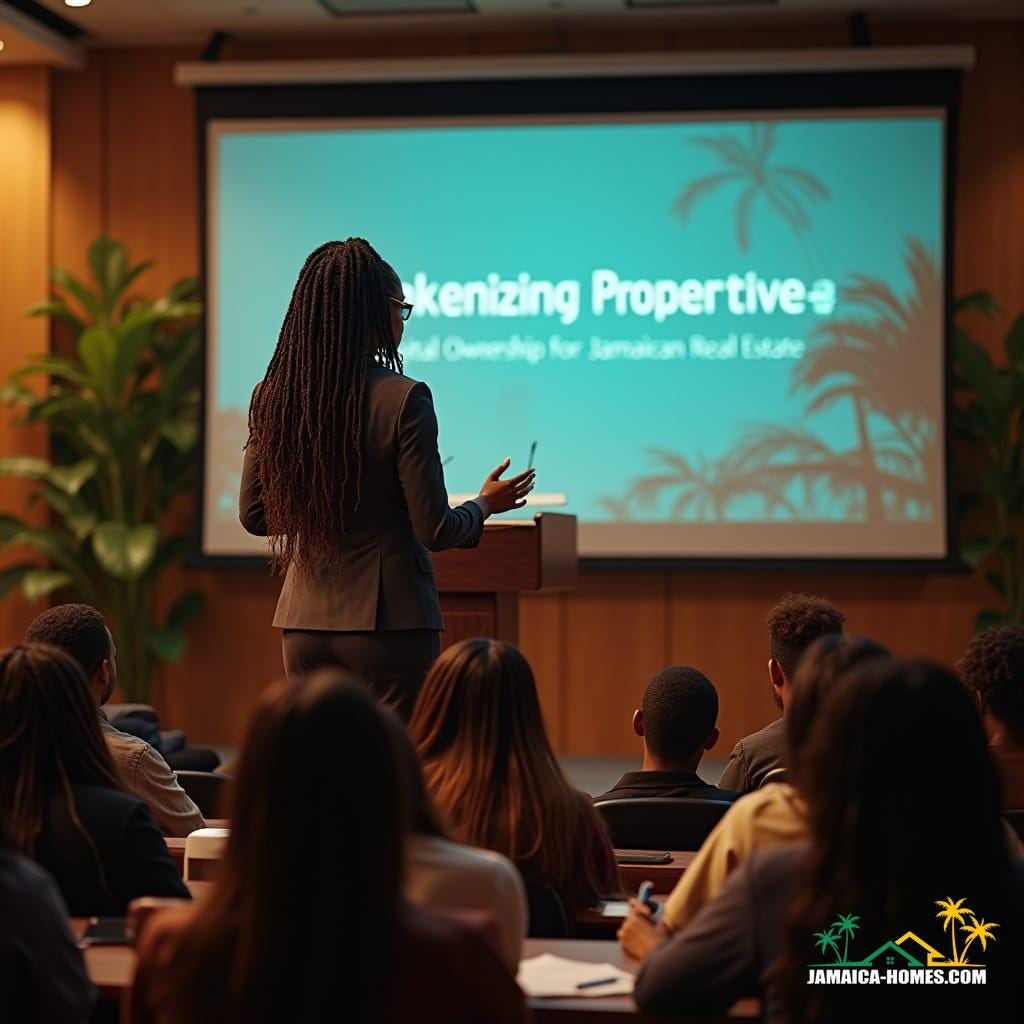A stunning mixed-race Jamaican woman with rich, deep brown skin and majestic, long dreadlocks that cascade down her back, exuding confidence and authority, stands poised on a sleek, modern podium, delivering a captivating lecture to a rapt audience of students. She wears a chic, professional business outfit, tailored to perfection, with subtle hints of Caribbean flair, her attire a testament to her expertise as a seasoned real estate agent in Jamaica. Behind her, a massive digital display screen dominates the backdrop, showcasing the thought-provoking topic: 'Tokenizing Property: Digital Ownership for Jamaican Real Estate,' in bold, modern font. The setting is a state-of-the-art conference hall or university auditorium, bathed in warm, golden lighting, with lush tropical accents and an atmosphere that echoes the vibrant spirit of the Caribbean. The audience is fully engaged, pens scratching against notebooks, eyes locked intently on the speaker as she delivers her impassioned presentation with infectious enthusiasm. The scene is captured in the style of a cinematic film still, evoking the works of celebrated photographers like Annie Leibovitz, Gordon Parks, and Lorna Simpson, with a blend of artistic and technical mastery. The image is rendered in a cinematic aesthetic, reminiscent of 35mm film, with subtle film grain, a hint of vignette, and a rich, immersive color palette, carefully color graded and post-processed to create a masterpiece of epic proportions, a visually stunning, dramatic, and atmospheric work of art.