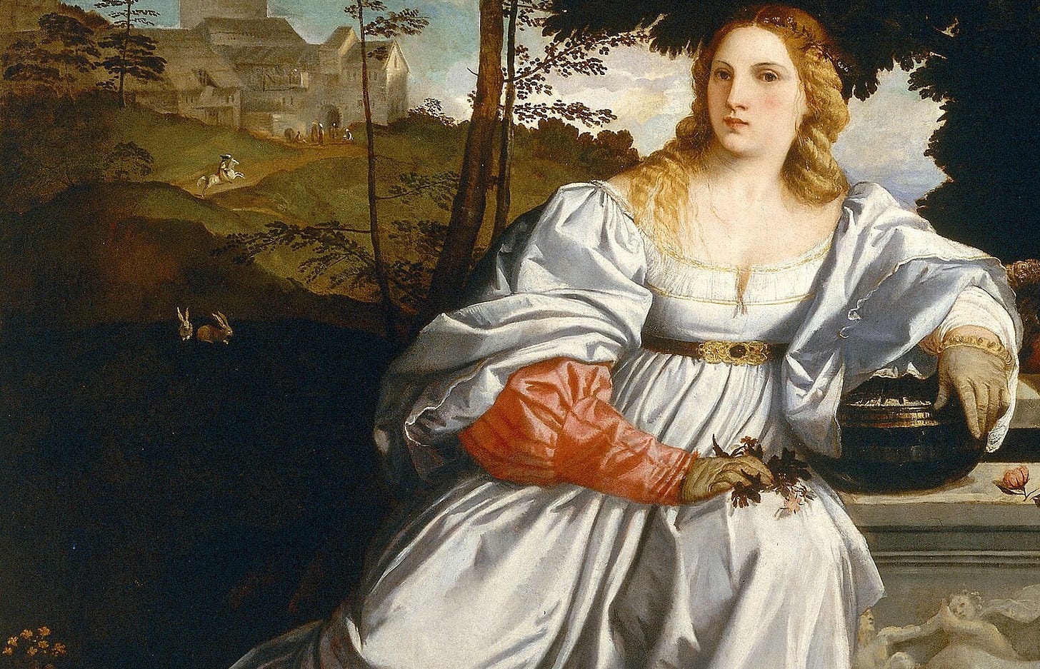 Close view of the clothed woman in a white satin dress, gloved, holding roses, with a myrtle wreath in her hair.