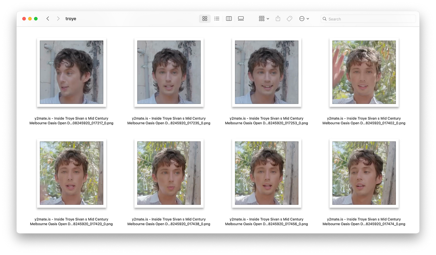 A Finder window on a Mac showing a grid of eight thumbnail images from 'Inside Troye Sivan's Mid Century Melbourne Oasis.' Each image captures a young man with short, curly hair in varied expressions, wearing a light-colored shirt against a blurred natural background. The filenames indicate they are part of a sequence, and the Mac interface elements like the red, yellow, and green window control buttons are visible at the top.
