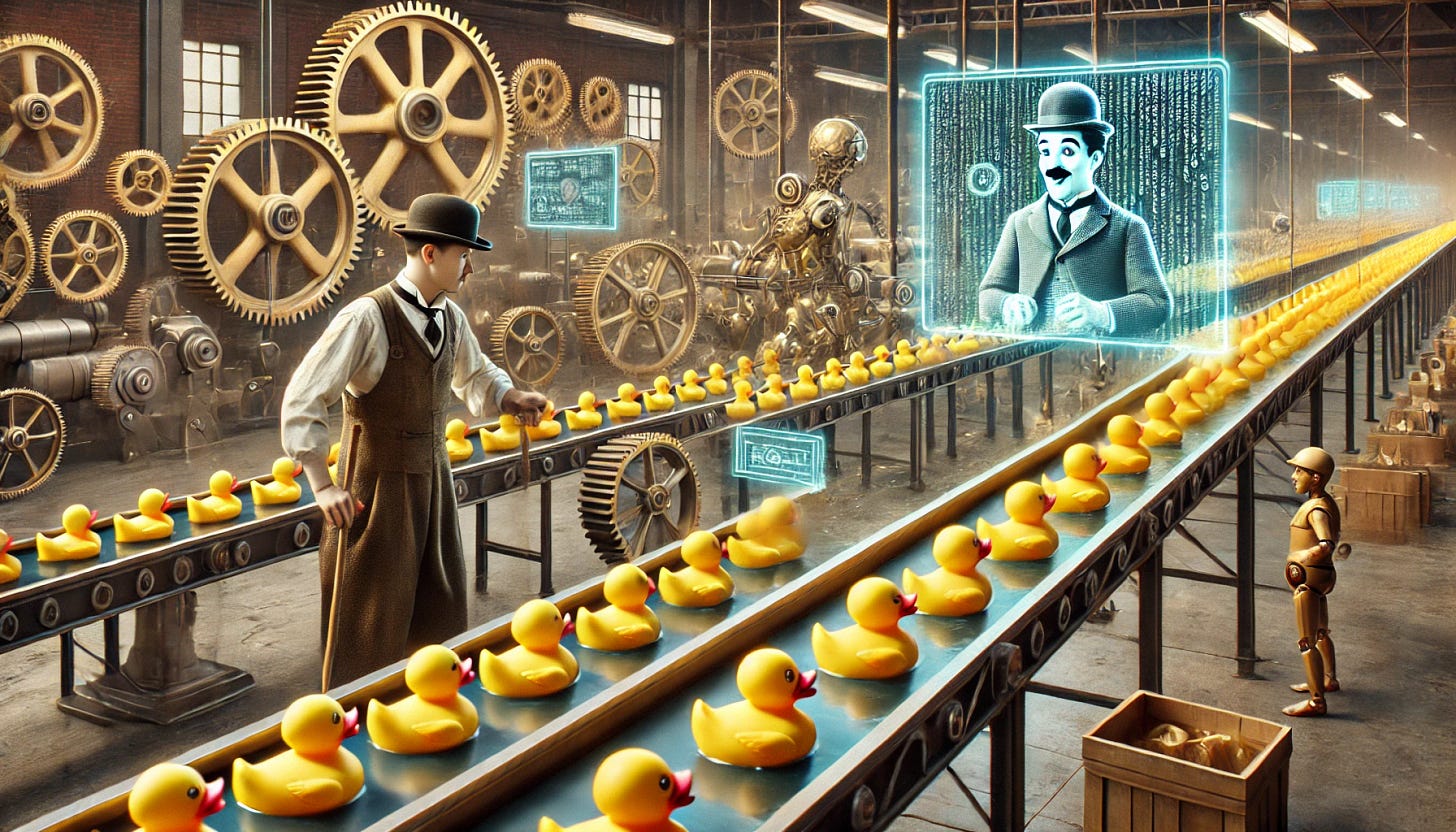 Um ambiente de fábrica futurista inspirado no filme Tempos Modernos de Charlie Chaplin, mas em vez de engrenagens, uma esteira transporta patos de borracha amarelos. Um trabalhador humano observa os patos com expressão curiosa, enquanto uma IA representada por interfaces holográficas e braços robóticos auxilia discretamente ao fundo. A cena mistura um estilo industrial vintage com um toque surreal e humorístico.