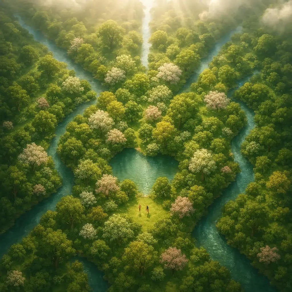 the garden of Eden from a top down view. realistic. heavenly. 