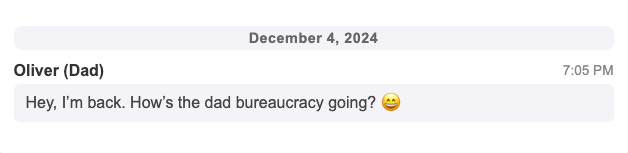 screenshot of a slack message from Oliver saying "Hey, I'm back"
