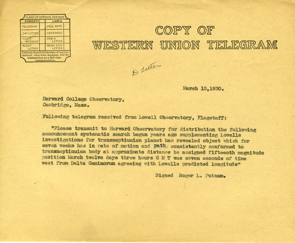 A March 13, 1930 telegram from Lowell Observatory trustee Roger Putnam to the Harvard Observatory reports finding a “transneptunian body” that agreed with Percival Lowell’s predictions.  Image source: Lowell Observatory Library & Archives.